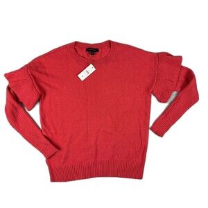 Ann Taylor Size M Wome Sweater Red Long Sleeve Ruffle Shoulder Round Neck Ribbed